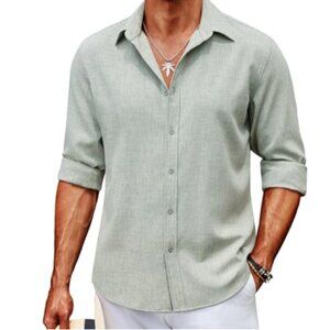 Men's casual button down long sleeve untucked chambray shirt Med